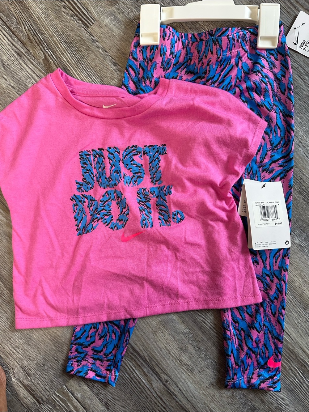 Nike Pink Short Sleeve 'Just Do It' Top with Blue & Pink Printed Leggings